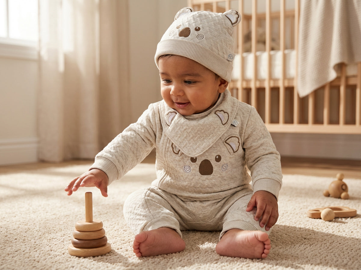 Winter Light Grey Premium Jacquard Cotton Open Leg Baby Jumpsuit Set