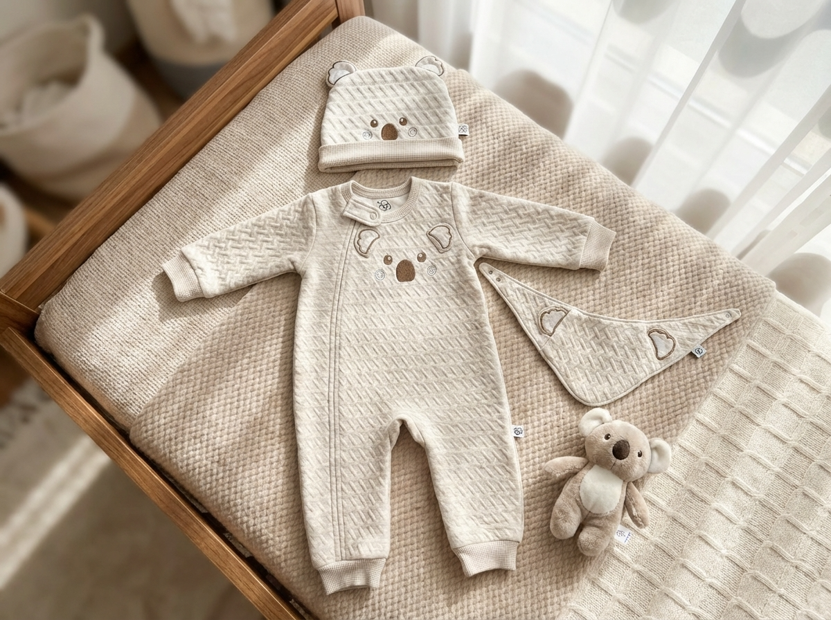 Winter Light Grey Premium Jacquard Cotton Open Leg Baby Jumpsuit Set