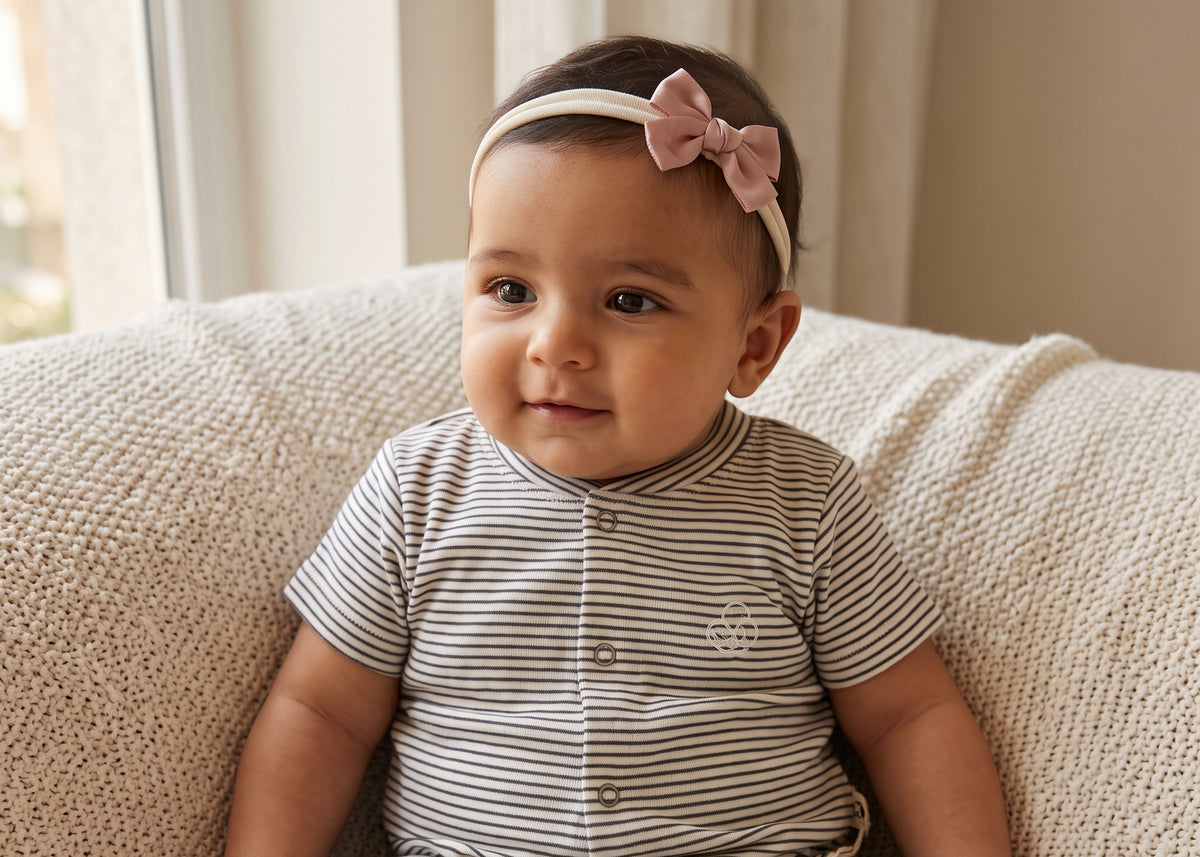 Seated baby wearing the charcoal-striped romper, showing its short sleeves and front snaps