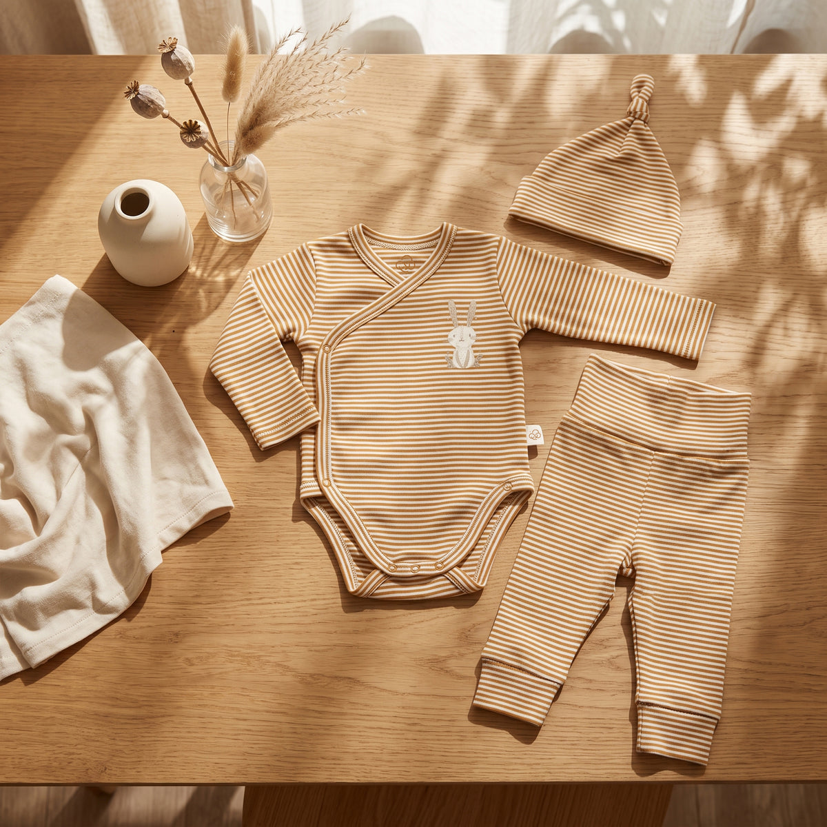 Little Bunny camel-striped kimono bodysuit, matching pants and hat laid flat