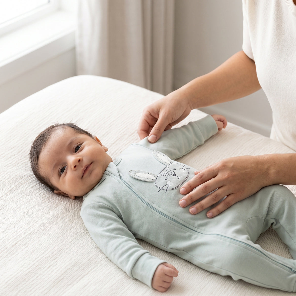 Adult adjusting the sleeve of the cloud-blue Little Bunny jumpsuit worn by a baby