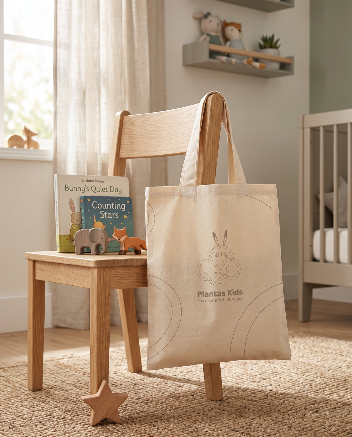 Beige Little Bunny tote bag hanging from a wooden chair