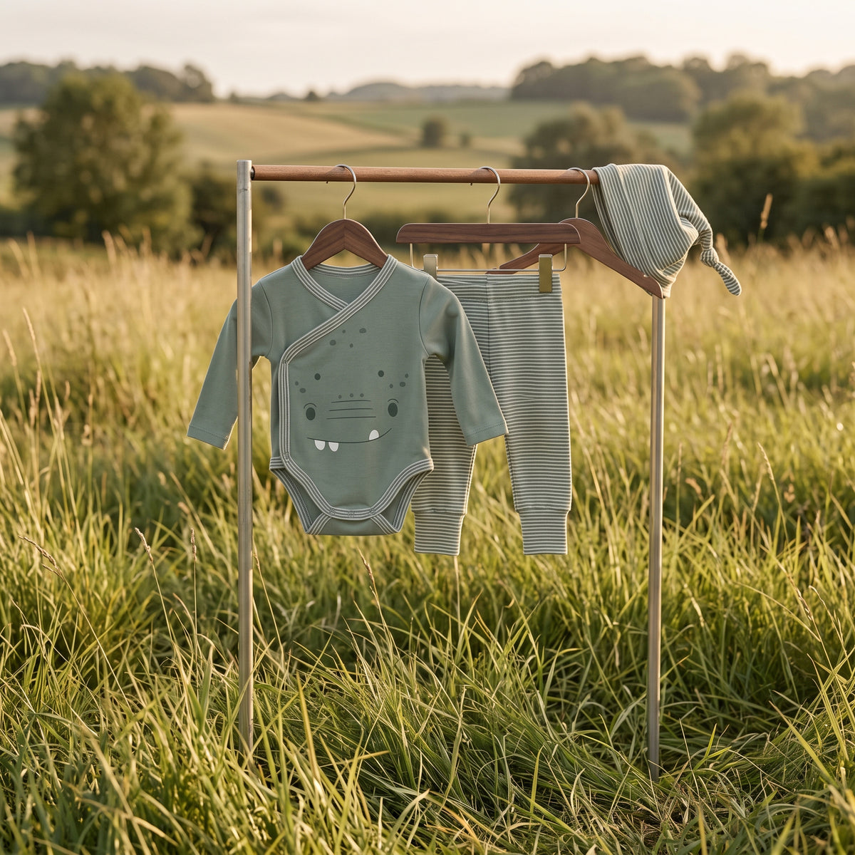 Sage-green Little Dino kimono set hanging on a wooden rack in a field