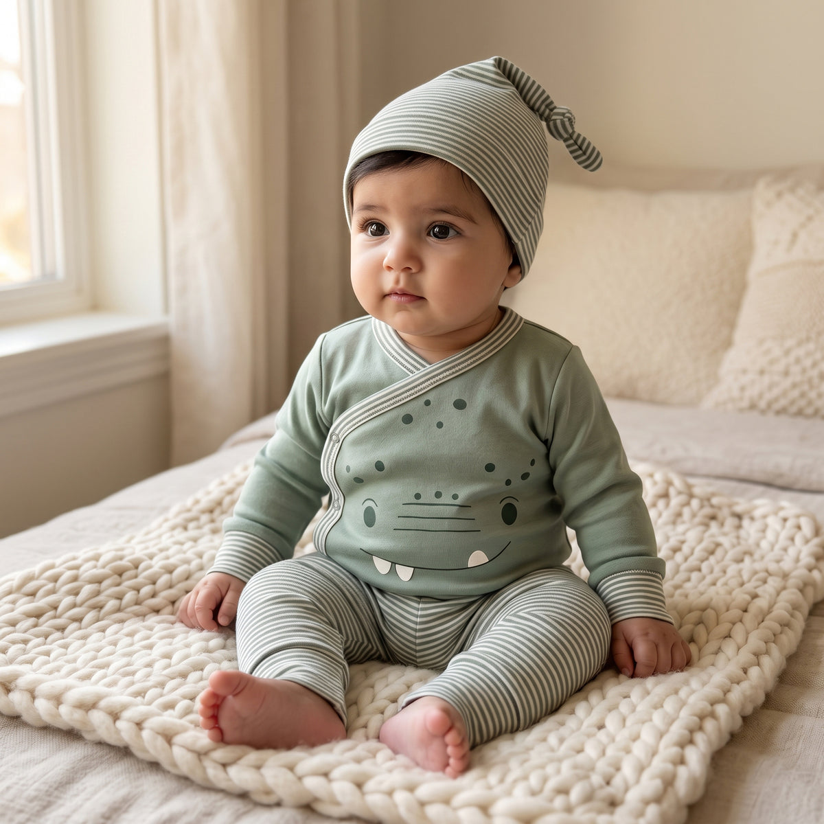 Baby sitting on a knitted blanket wearing the Little Dino kimono set and striped hat
