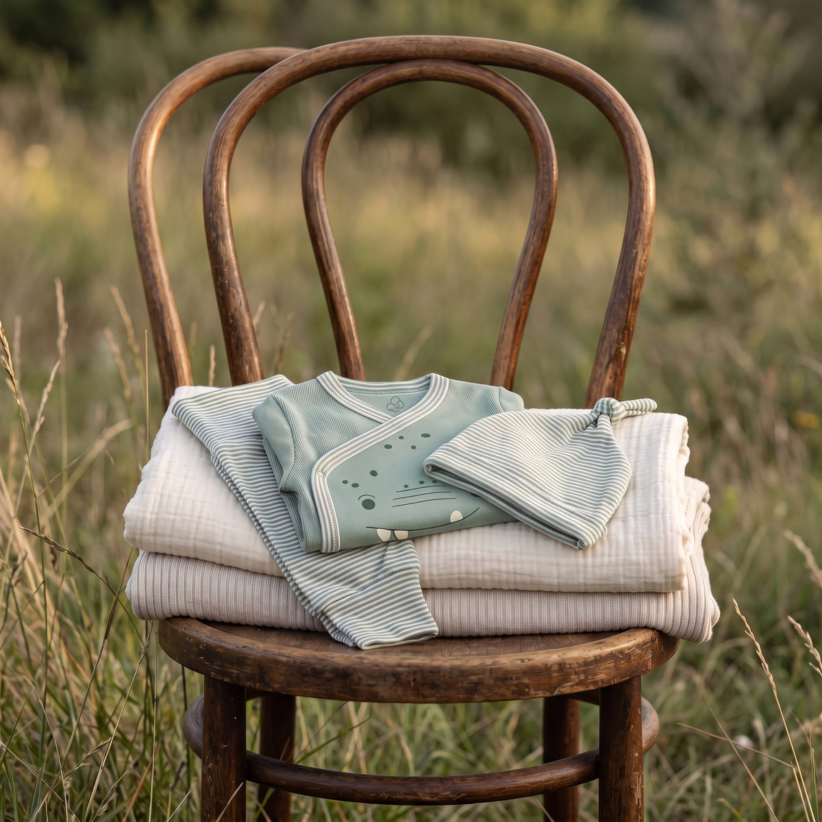 Folded Little Dino kimono set displayed on a wooden chair outdoors