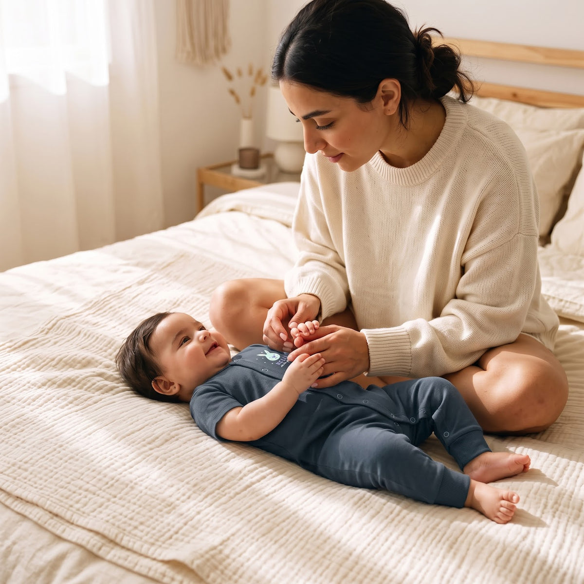 Adult beside a baby wearing the navy Midnight Bunny short-sleeve jumpsuit