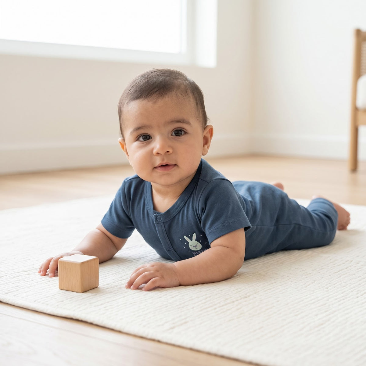Baby lying on their tummy wearing the navy Midnight Bunny jumpsuit