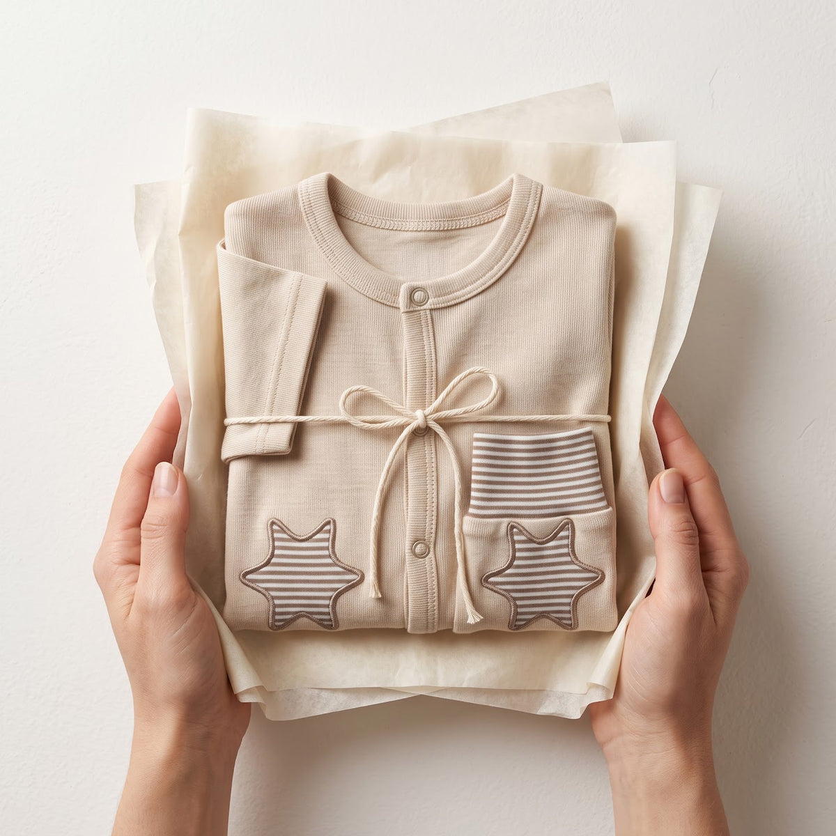Folded beige Stars jumpsuit wrapped in tissue and tied with string, showing the star patches
