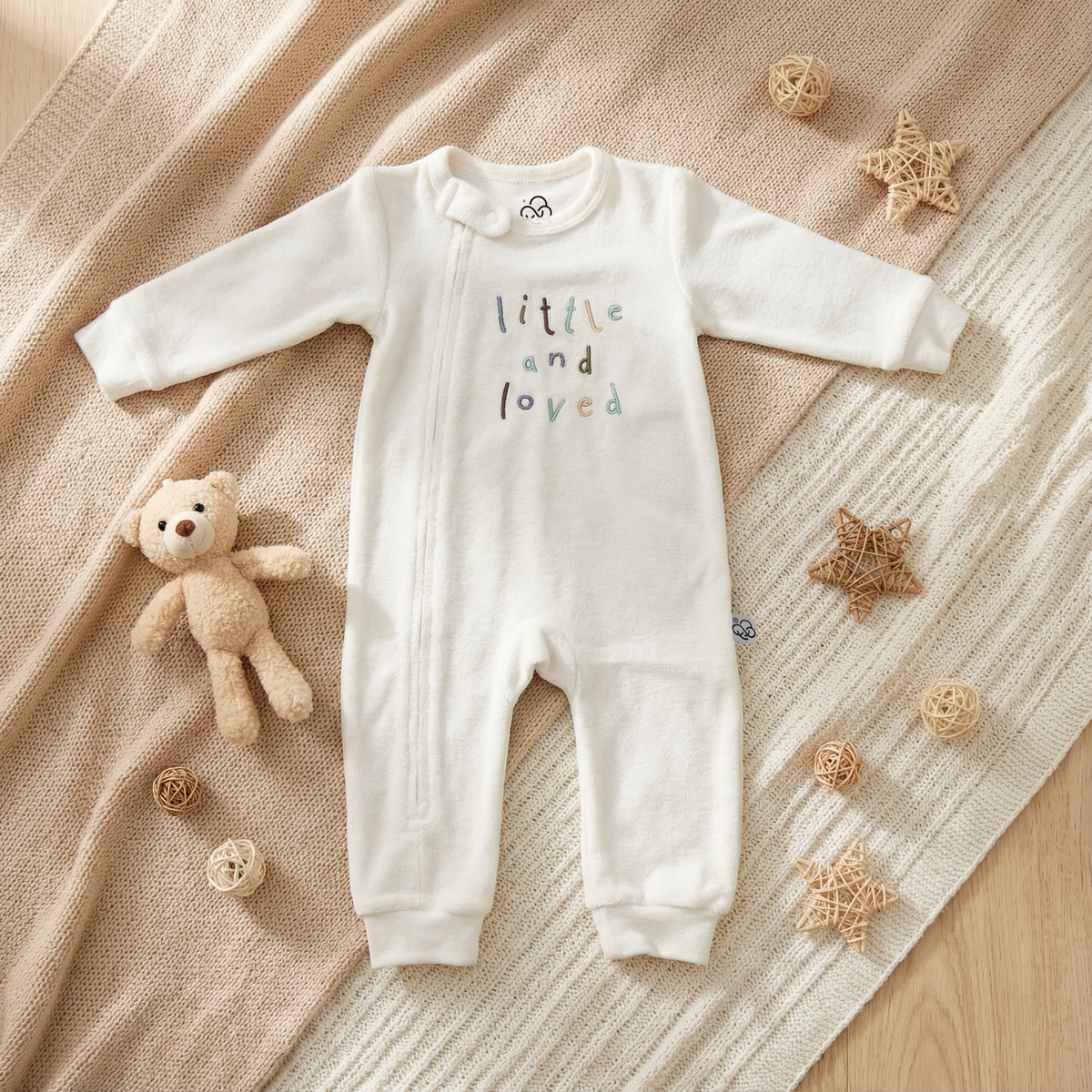 White baby jumpsuit embroidered “little and loved” beside a teddy bear and woven stars