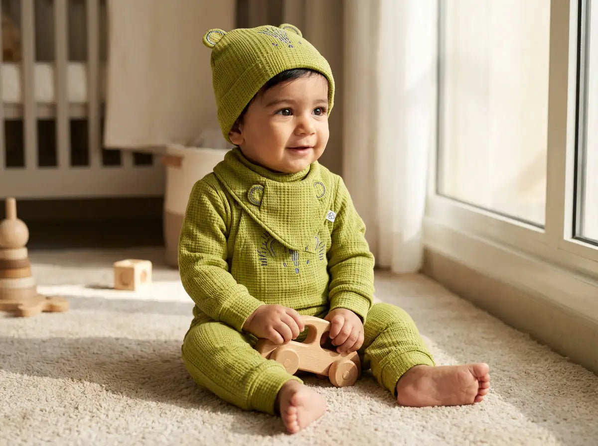 Winter Premium Waffle Cotton Baby Jumpsuit Set – Hedgehog