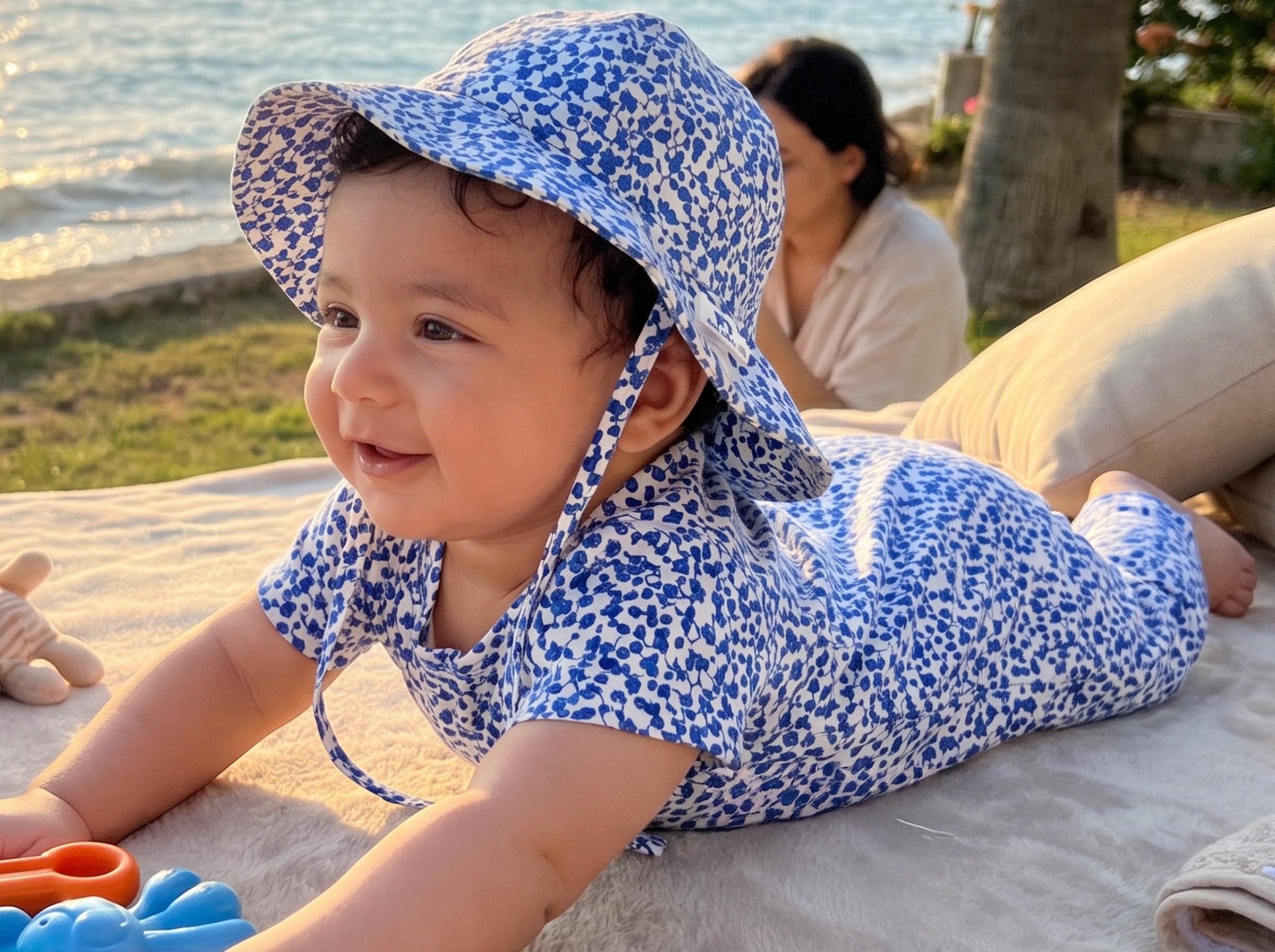 Newborn Summer Jumpsuit Set with Cute Hat Printed Blue