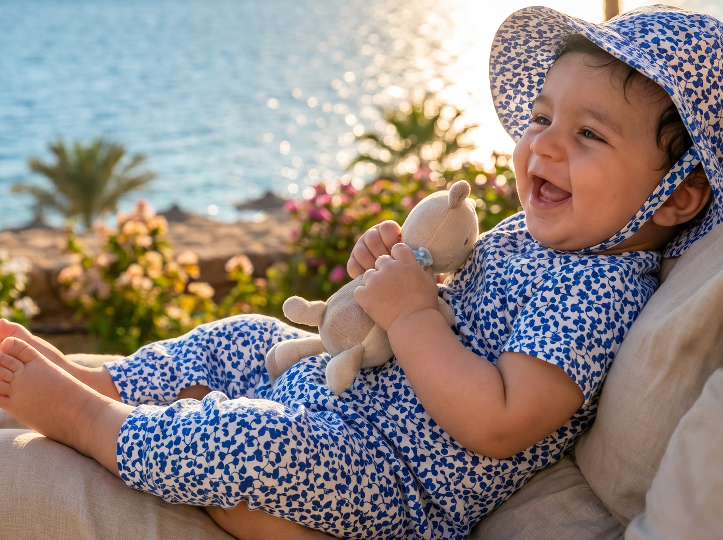 Newborn Summer Jumpsuit Set with Cute Hat Printed Blue