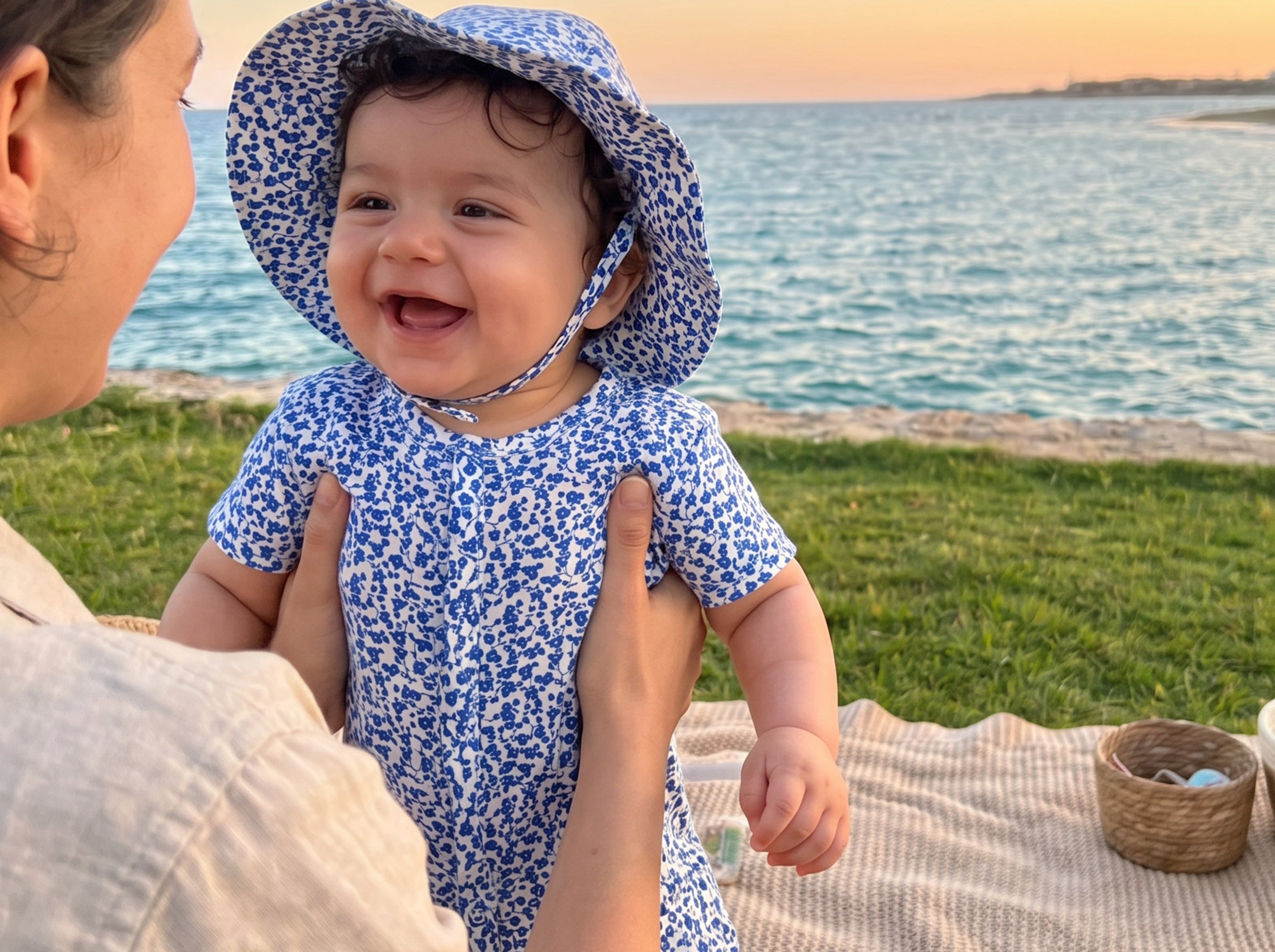 Newborn Summer Jumpsuit Set with Cute Hat Printed Blue