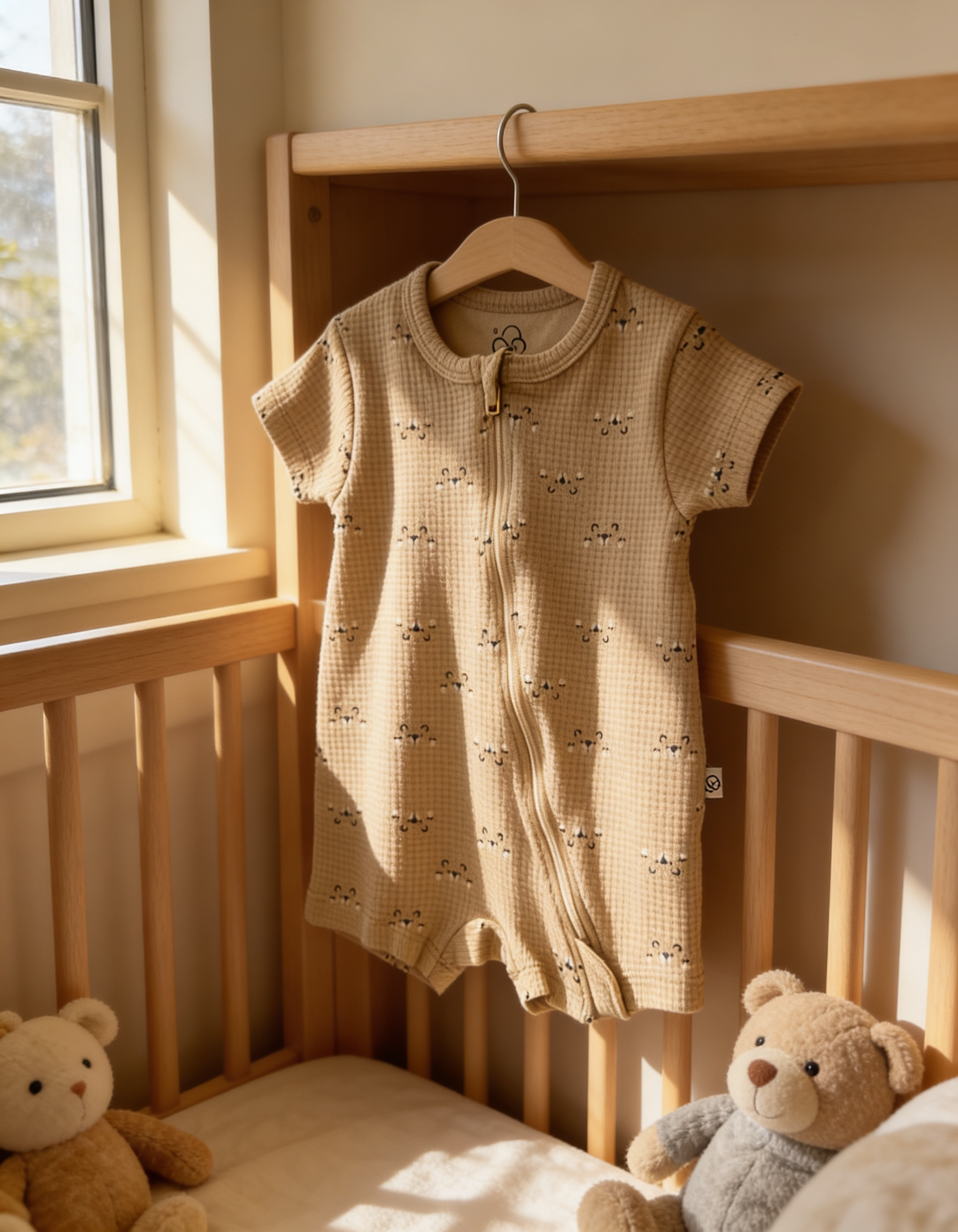 2-Way Zipper Waffle Romper Beige