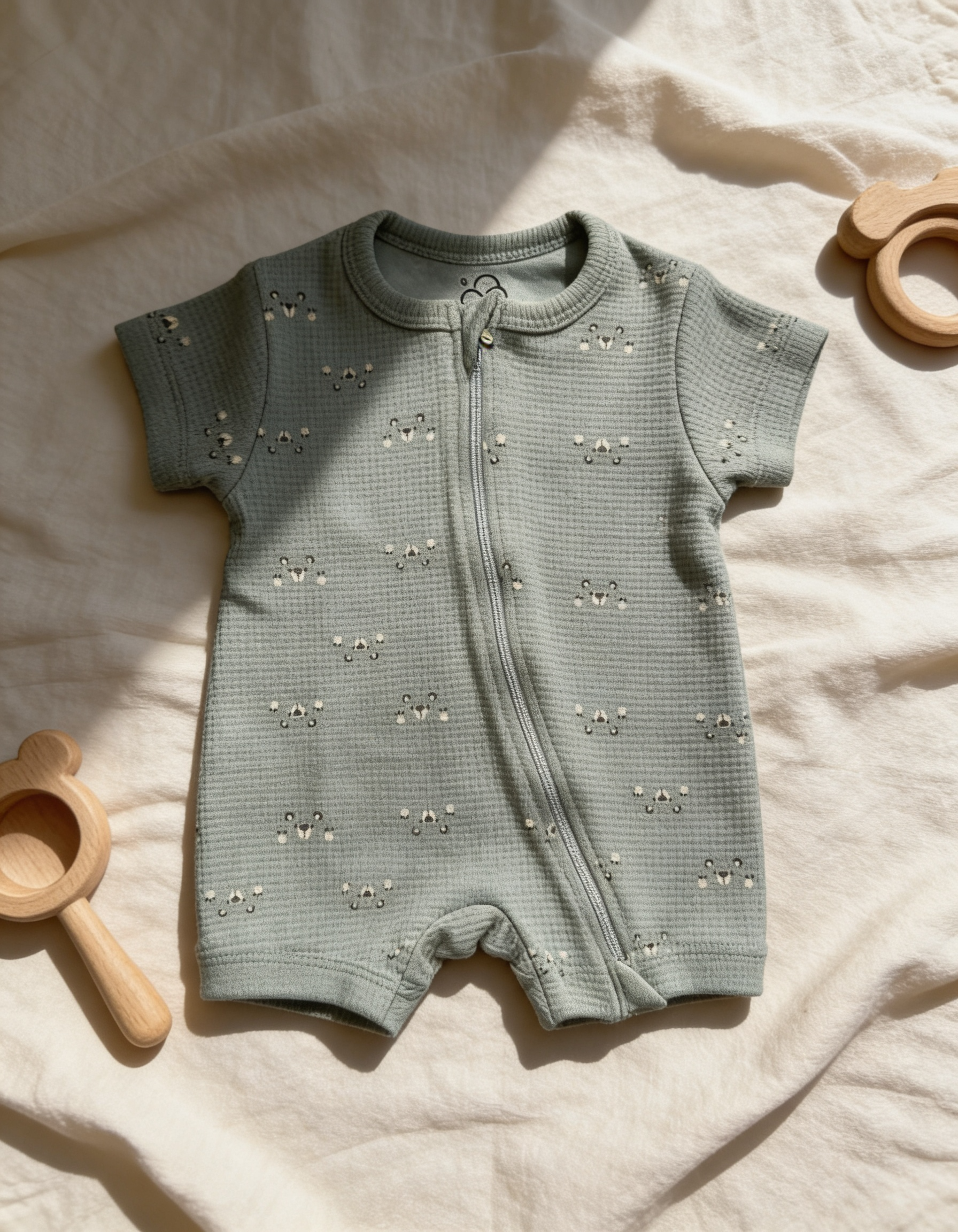 2-Way Zipper Waffle Romper Green