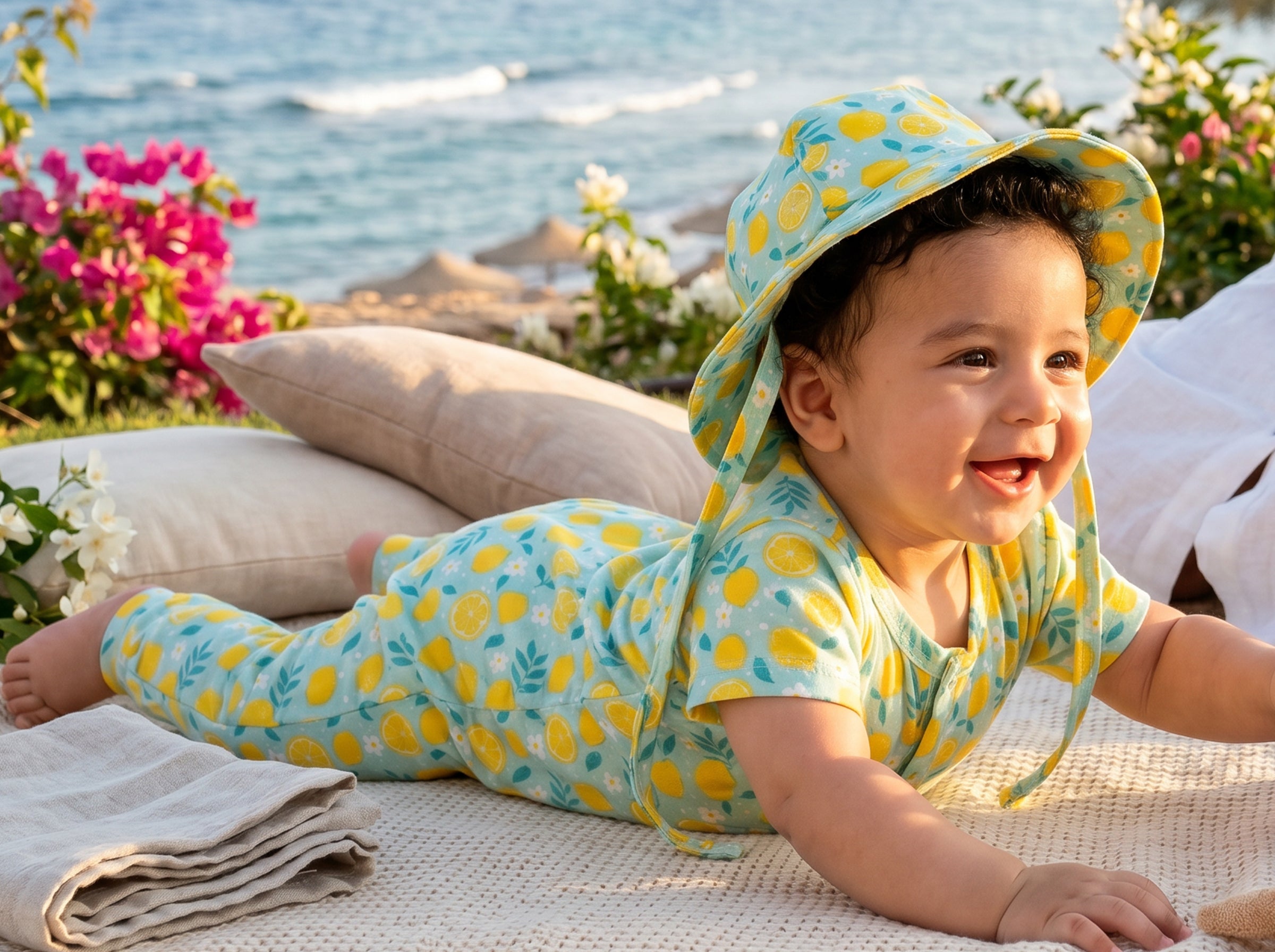 Newborn Summer Jumpsuit Set with Cute Hat Printed Mint Green