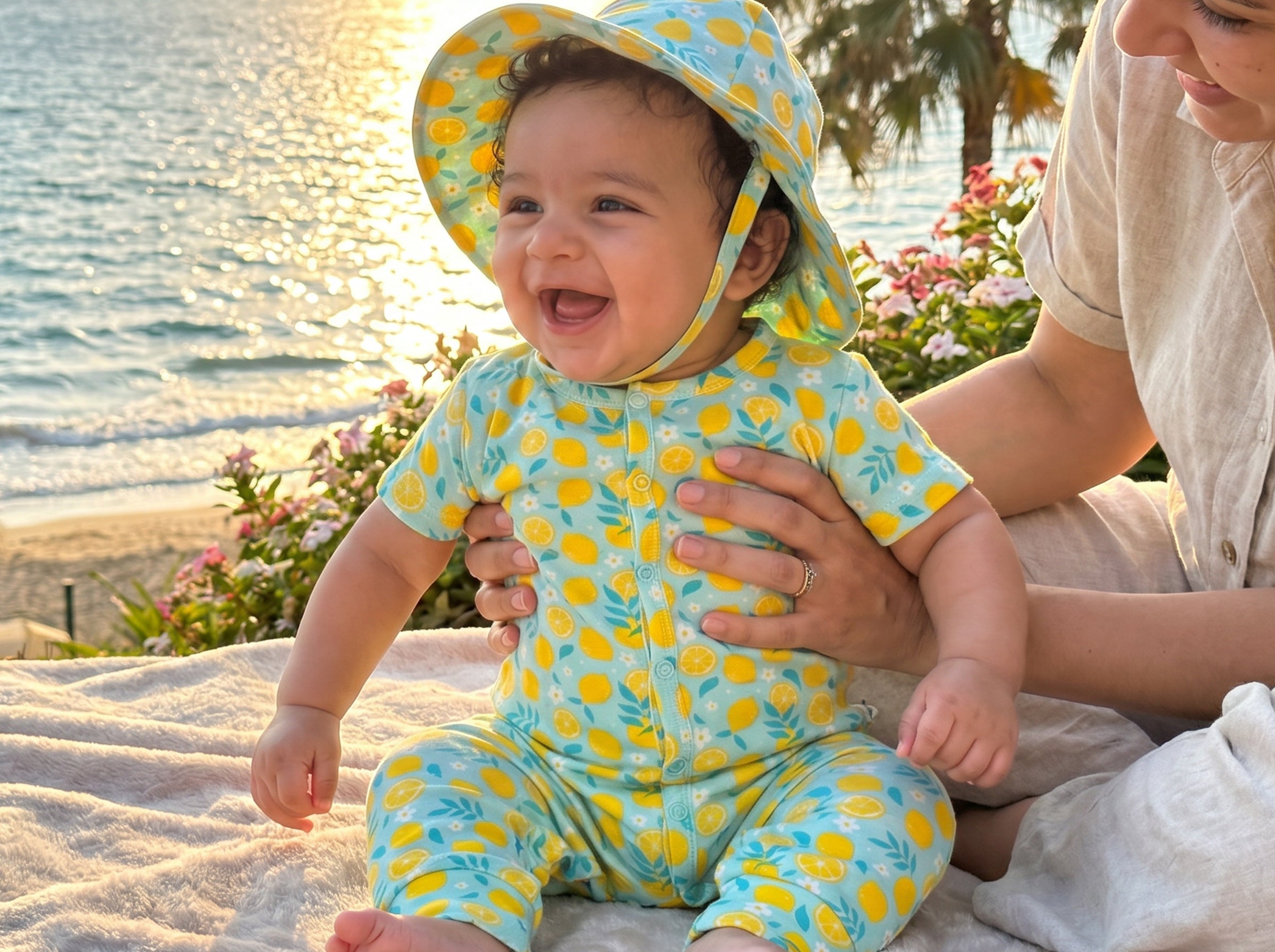 Newborn Summer Jumpsuit Set with Cute Hat Printed Mint Green