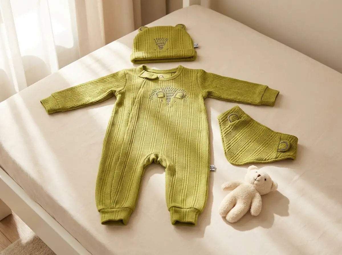 Winter Premium Waffle Cotton Baby Jumpsuit Set – Hedgehog