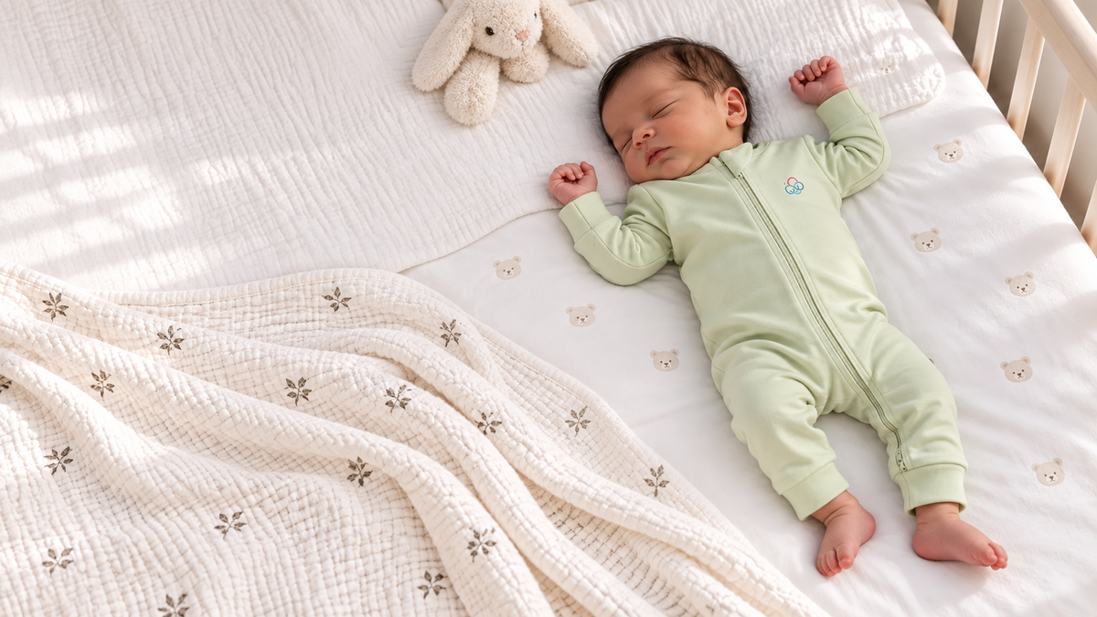 Sleeping baby wearing a pistachio green Plantas Kids cotton jumpsuit
