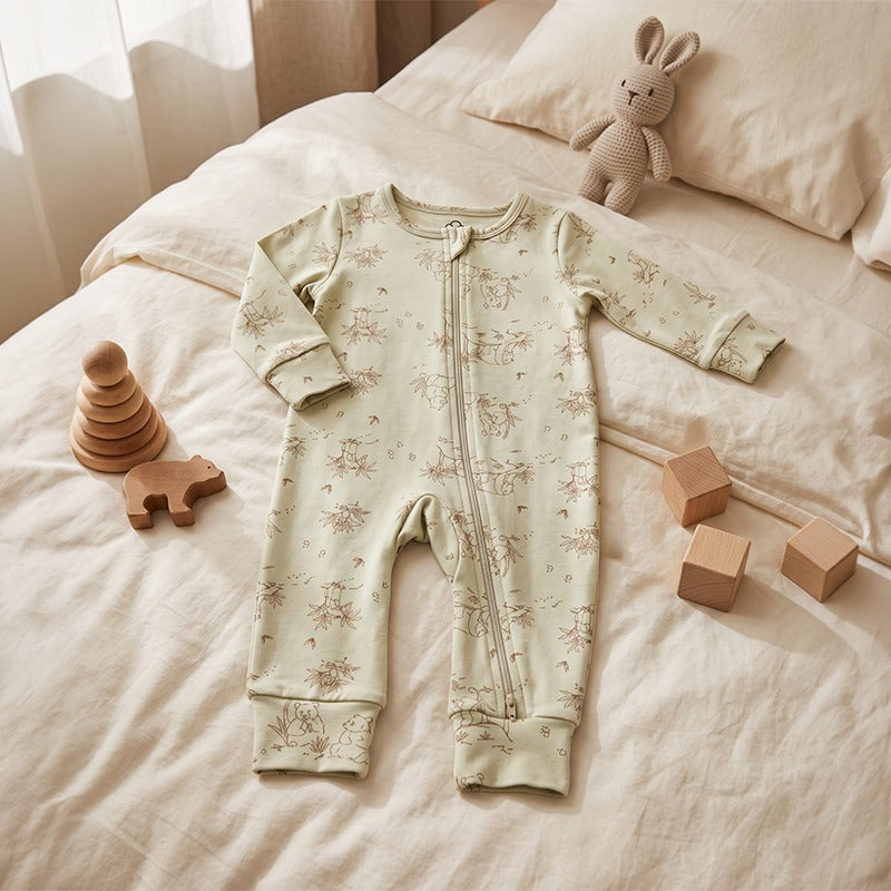 PLANTAS Kids Panda Cotton Jumpsuit in Pistage laid flat: two-way zipper and ribbed cuffs