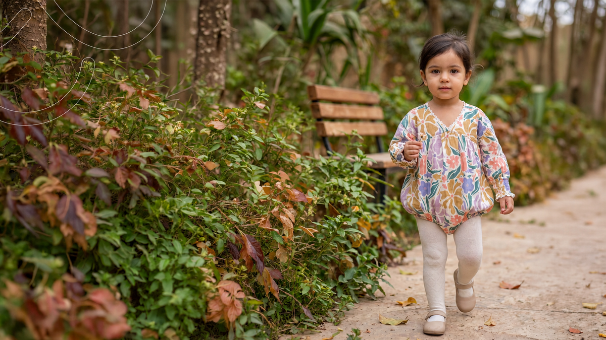 Child wearing a colourful Plantas Kids romper in a garden