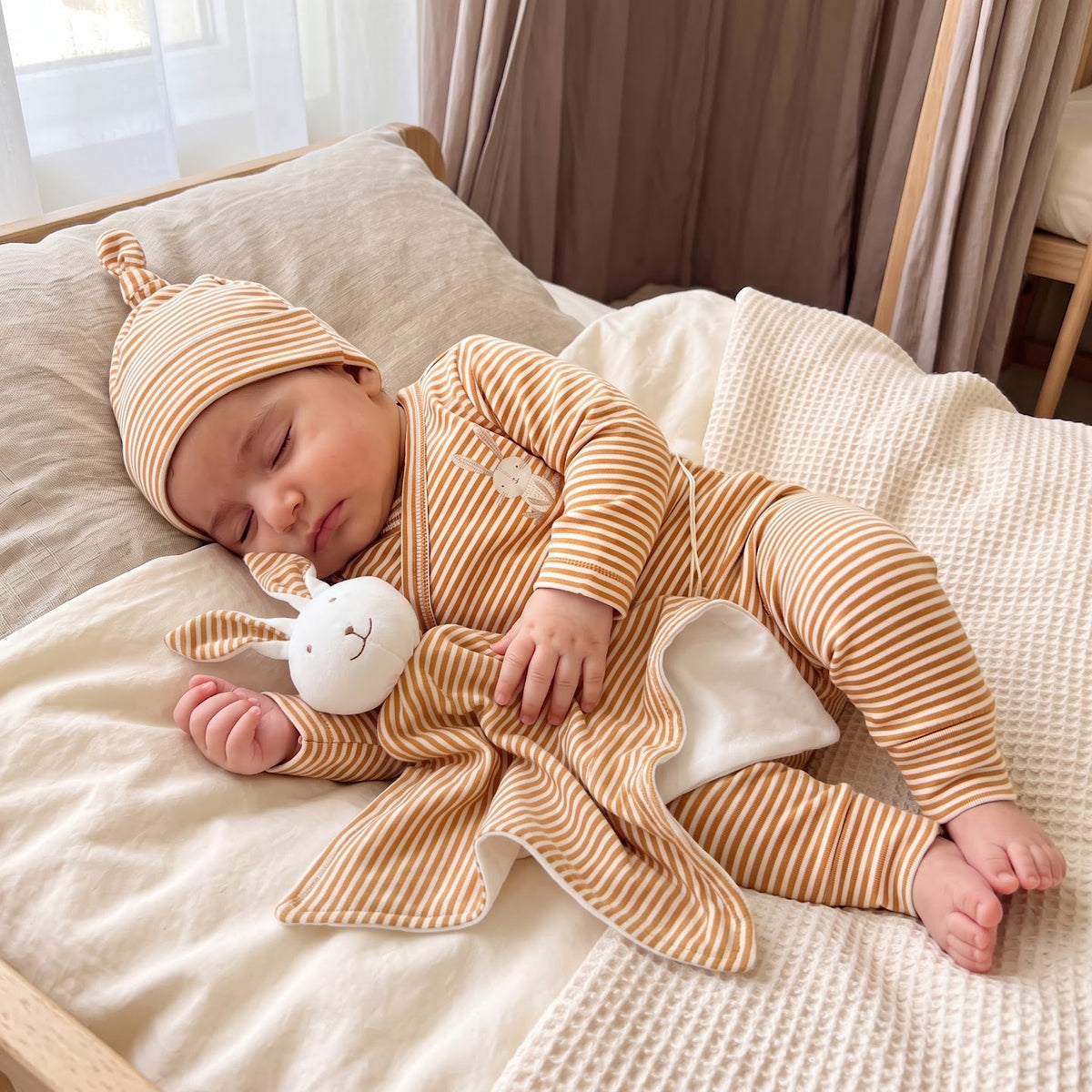 Baby holding the camel-striped Little Bunny comforter toy while wearing a matching striped outfit