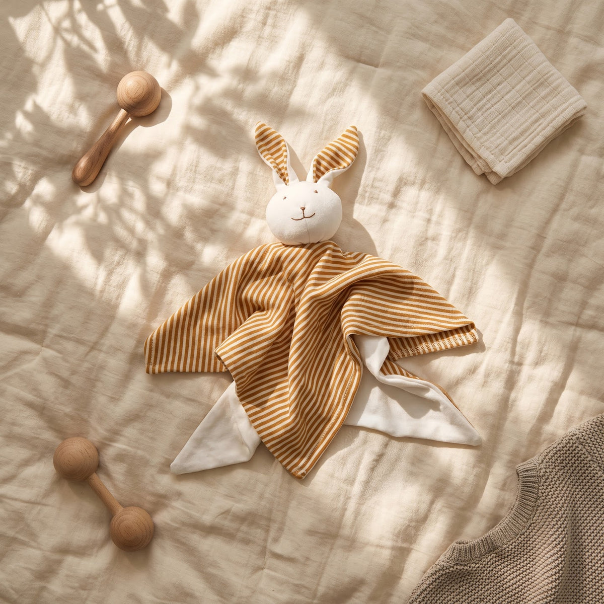 Camel-striped Little Bunny comforter toy laid flat, showing its fabric ears and white underside