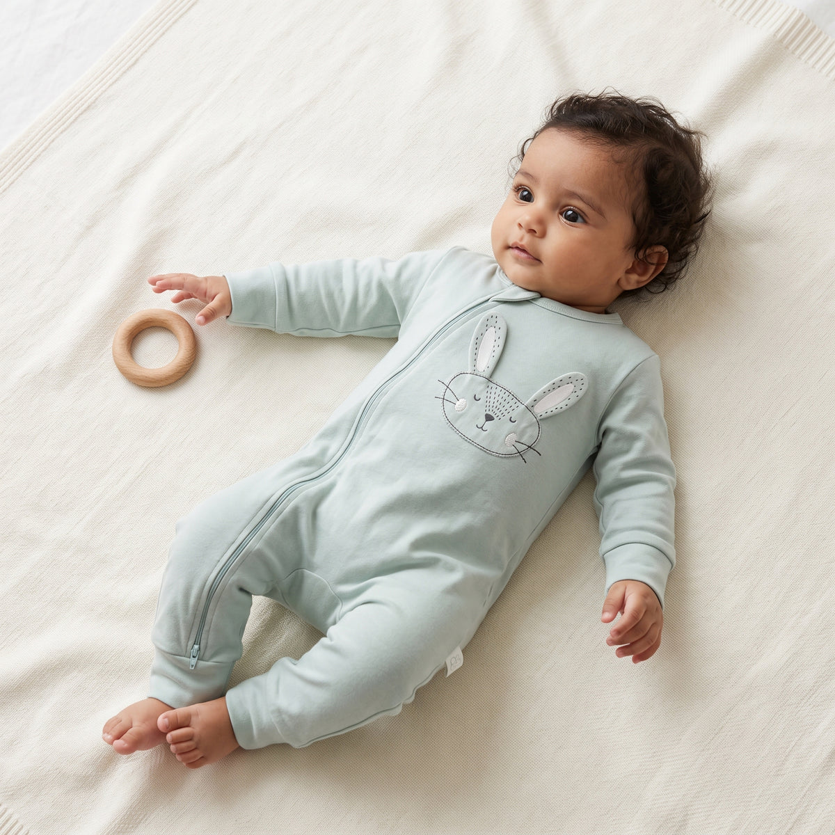 Baby lying on a cream bed wearing the cloud-blue Little Bunny jumpsuit