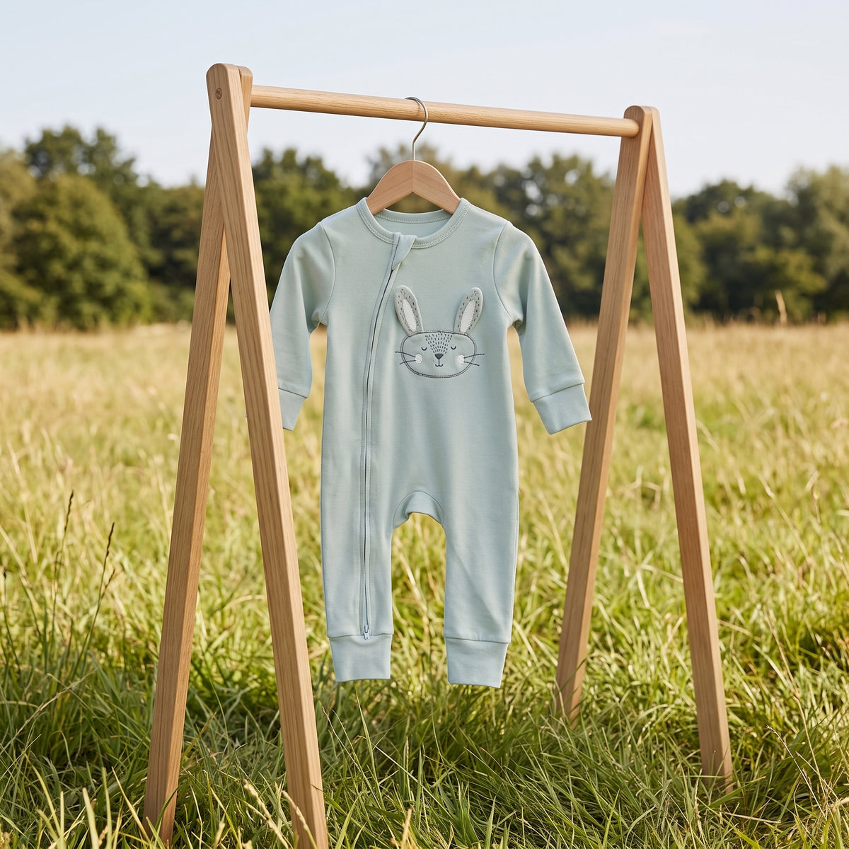 Cloud-blue Little Bunny long-sleeve jumpsuit hanging on a wooden rack outdoors