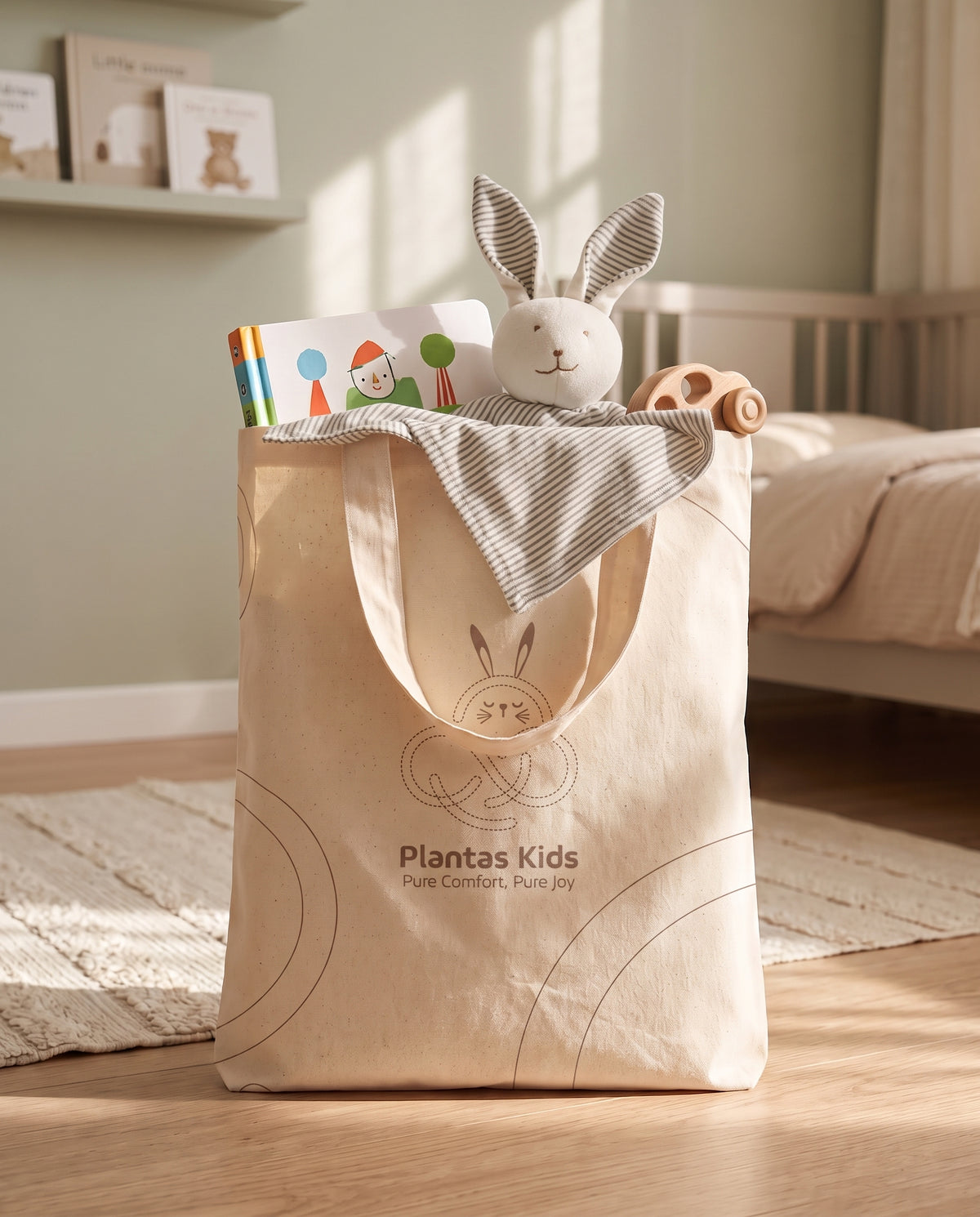 Beige Little Bunny tote bag photographed with books and a fabric bunny toy inside