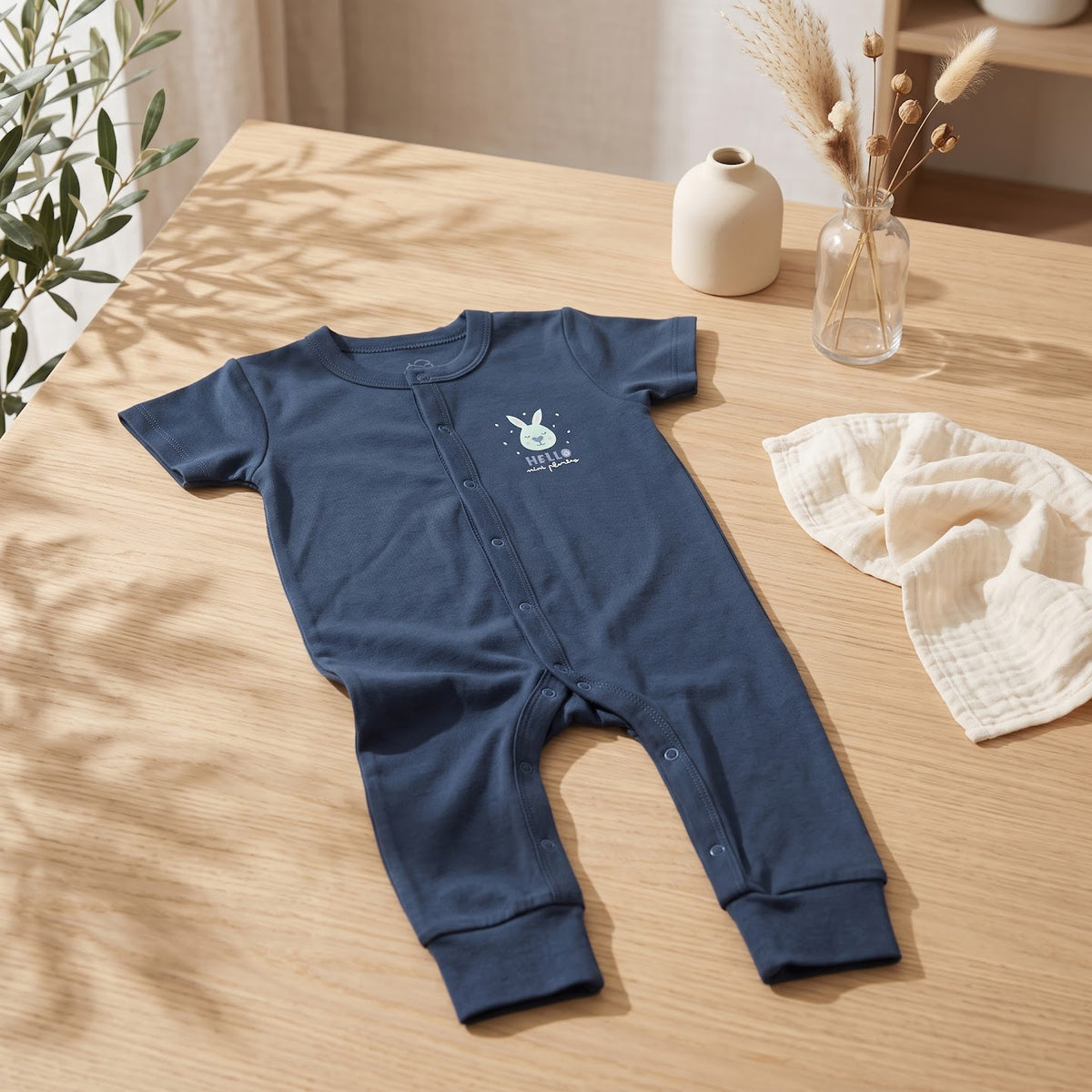 Navy Midnight Bunny jumpsuit laid flat, showing short sleeves, front snaps and a bunny detail